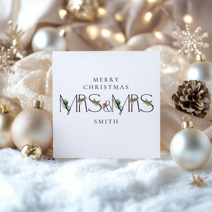 Personalised Mrs and Mrs Christmas Card, Newlywed Christmas Card First Christmas Married Card, Same Sex Couple Card Custom Surname Xmas Card