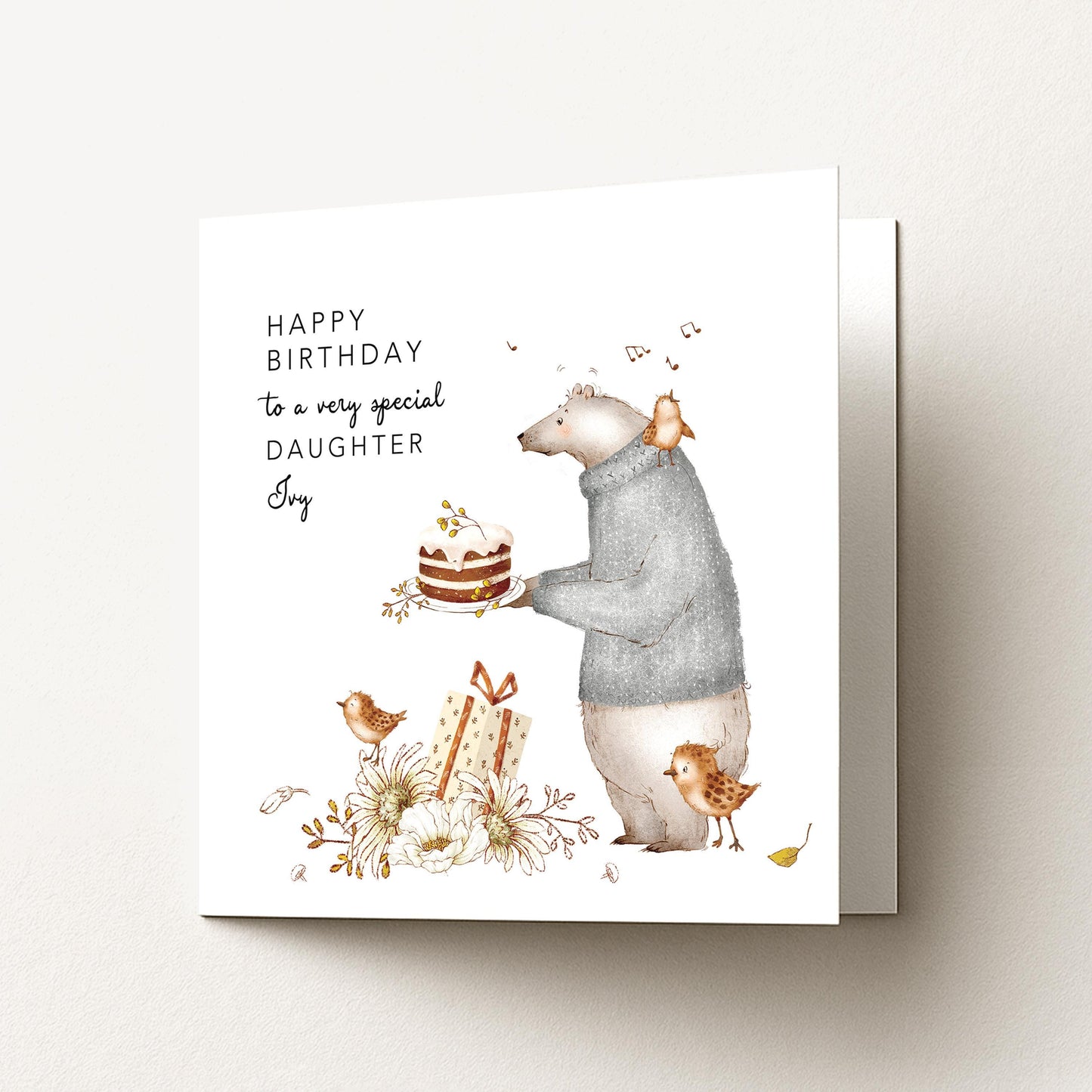 Daughter Birthday Card, Personalised Birthday Card for Daughter, Cute Bear & Birds Design, Custom Name Birthday Greeting