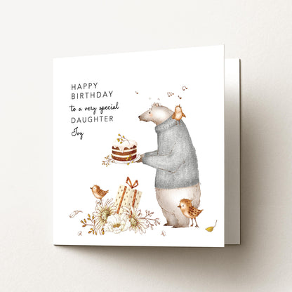 Daughter Birthday Card, Personalised Birthday Card for Daughter, Cute Bear & Birds Design, Custom Name Birthday Greeting
