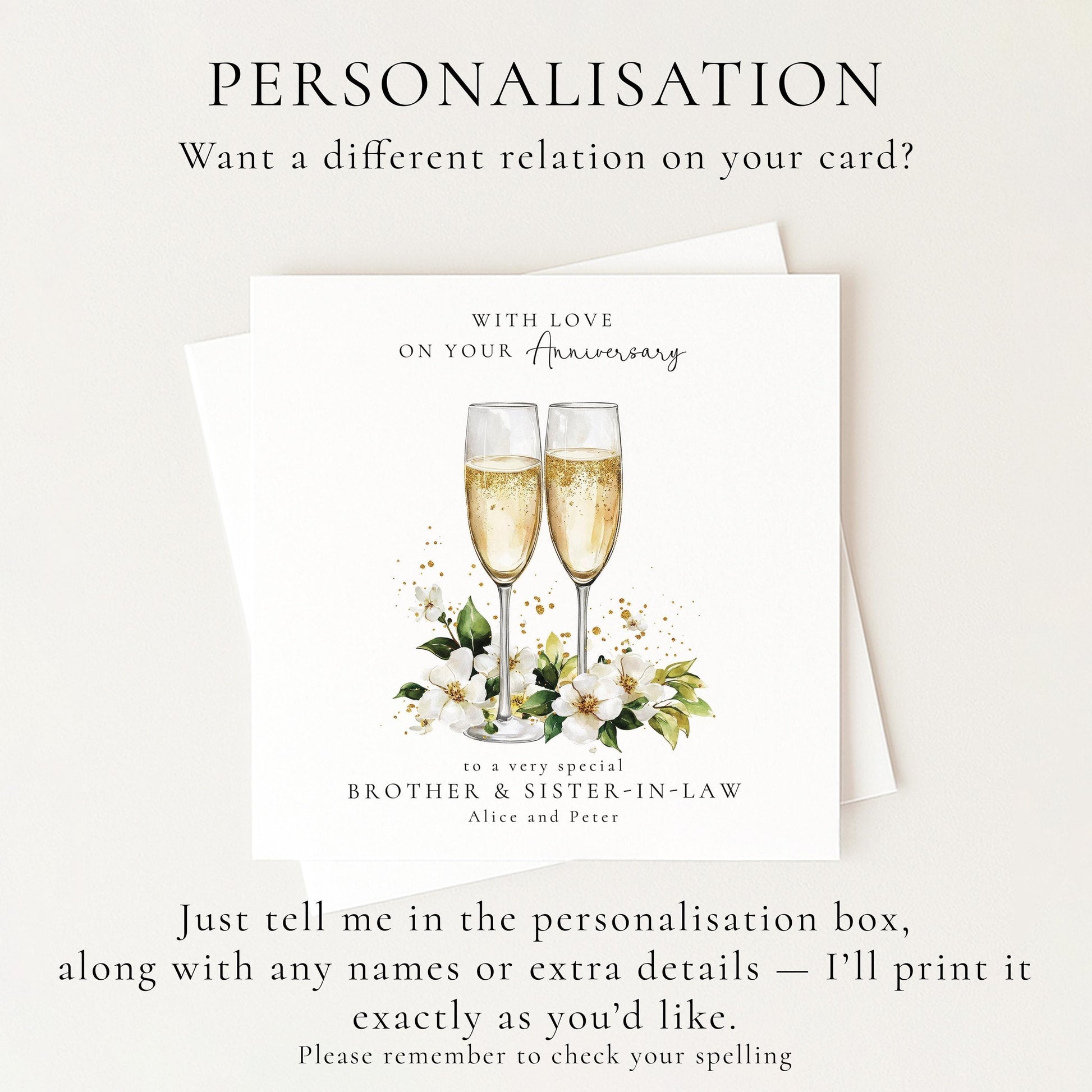 Anniversary Card for Brother and Sister in Law, Personalised Anniversary Card with Names, Champagne Glasses Card