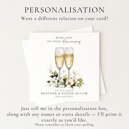 Anniversary Card for Brother and Sister in Law, Personalised Anniversary Card with Names, Champagne Glasses Card