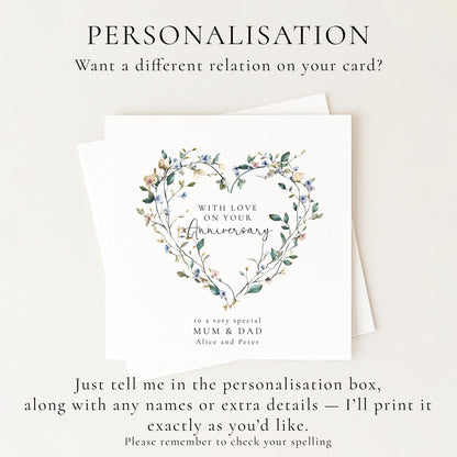 Anniversary Card for Mum and Dad, Personalised Anniversary Card, Floral Heart Anniversary Card