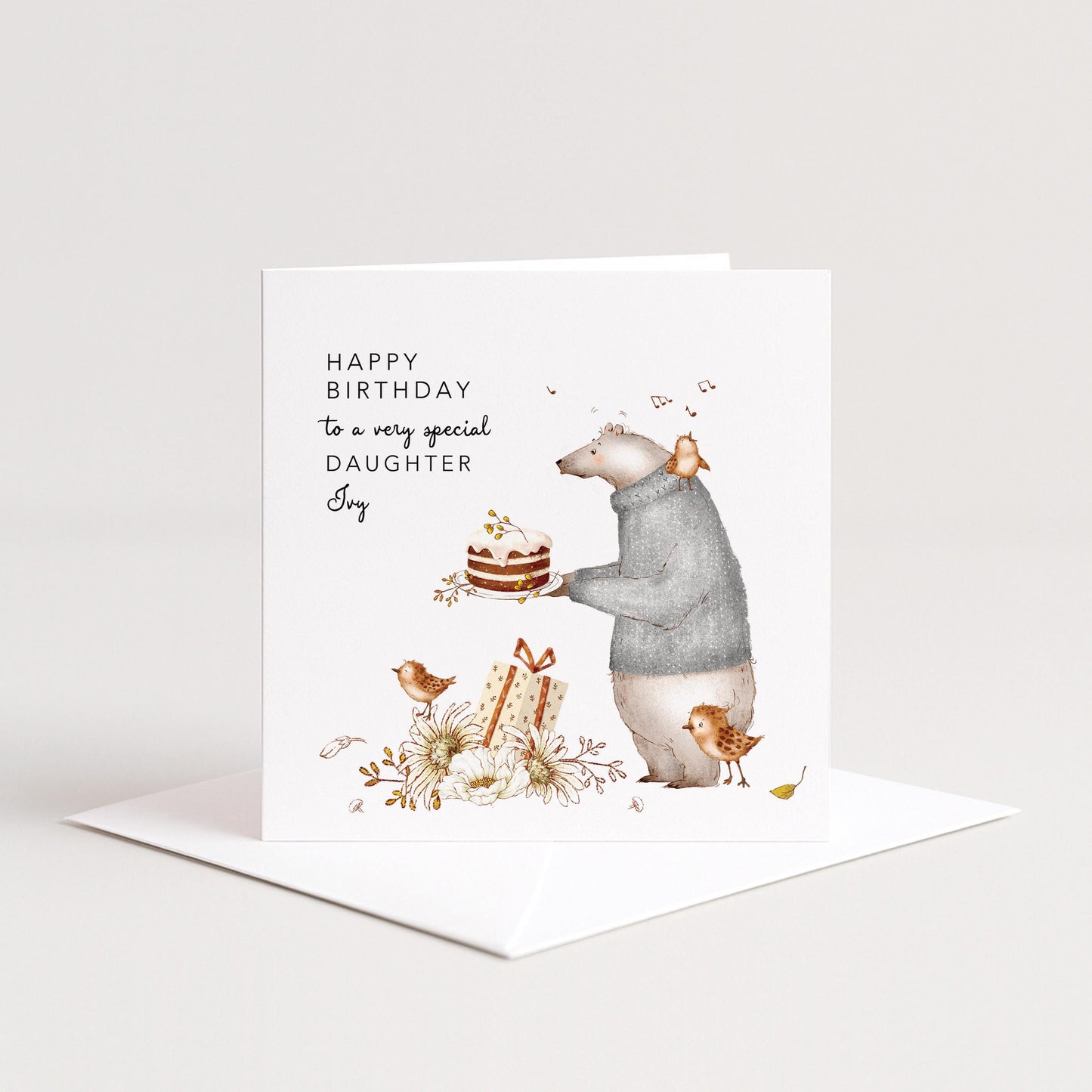Daughter Birthday Card, Personalised Birthday Card for Daughter, Cute Bear & Birds Design, Custom Name Birthday Greeting