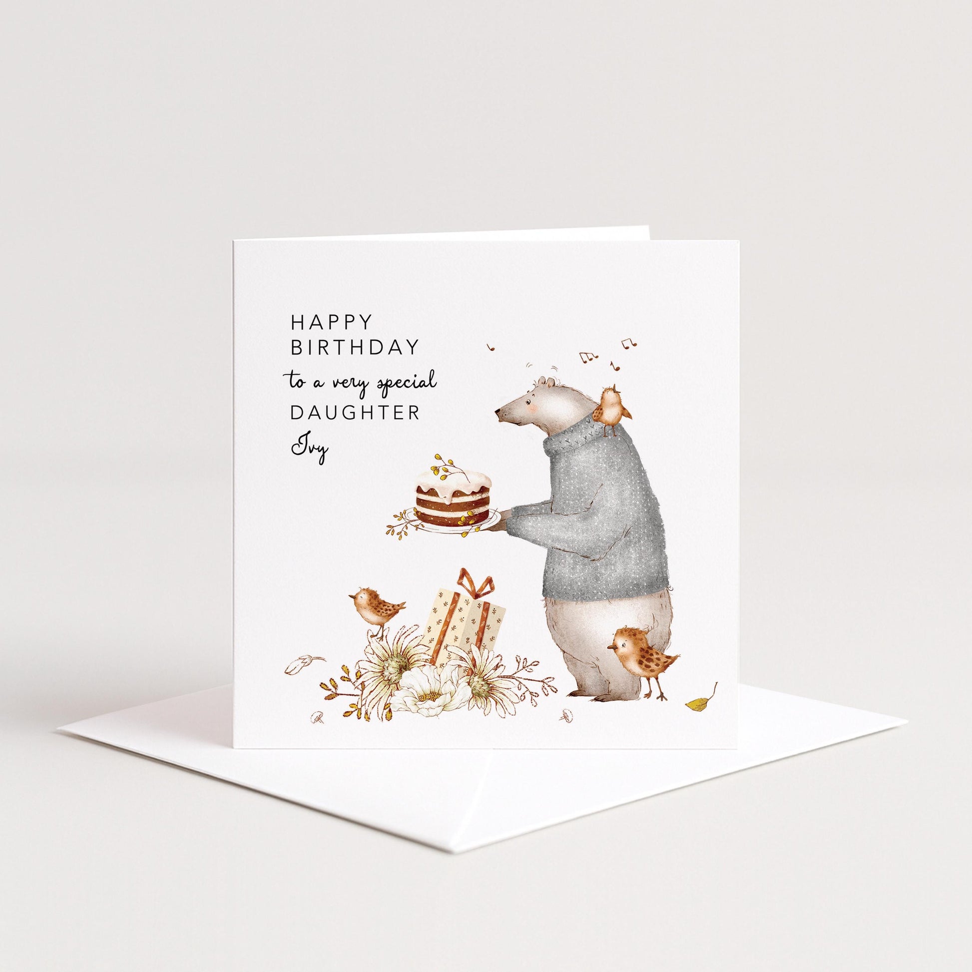 Daughter Birthday Card, Personalised Birthday Card for Daughter, Cute Bear & Birds Design, Custom Name Birthday Greeting