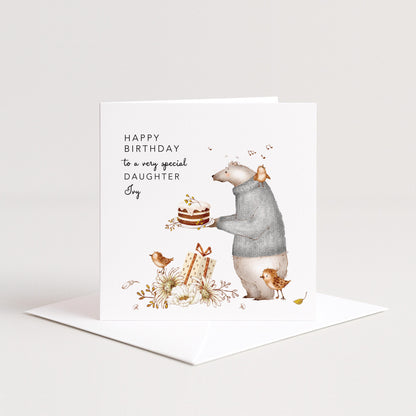 Daughter Birthday Card, Personalised Birthday Card for Daughter, Cute Bear & Birds Design, Custom Name Birthday Greeting