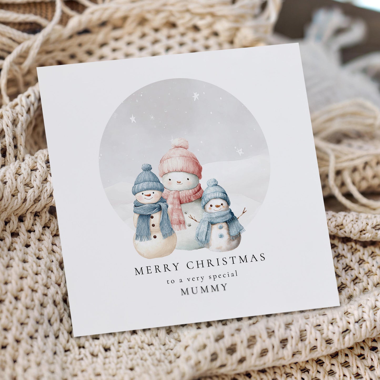 Christmas Card for Mummy from Sons, Personalised Snowman Family Card, Cute Winter Scene, Custom Name Card for Mum