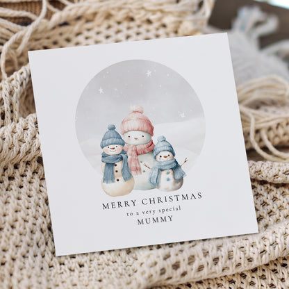 Christmas Card for Mummy from Sons, Personalised Snowman Family Card, Cute Winter Scene, Custom Name Card for Mum