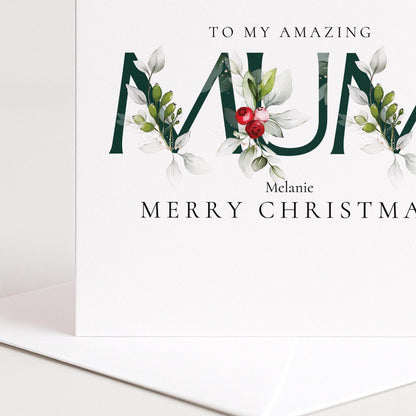 Christmas Card for Mum, Personalised Xmas Card from Daughter or Son, Elegant Floral Mum Card, Custom Christmas Card for Mother