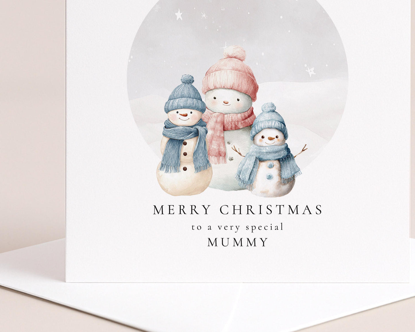 Christmas Card for Mummy from Sons, Personalised Snowman Family Card, Cute Winter Scene, Custom Name Card for Mum