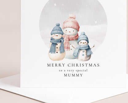 Christmas Card for Mummy from Sons, Personalised Snowman Family Card, Cute Winter Scene, Custom Name Card for Mum