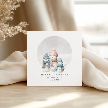 Christmas Card for Mummy from Sons, Personalised Snowman Family Card, Cute Winter Scene, Custom Name Card for Mum