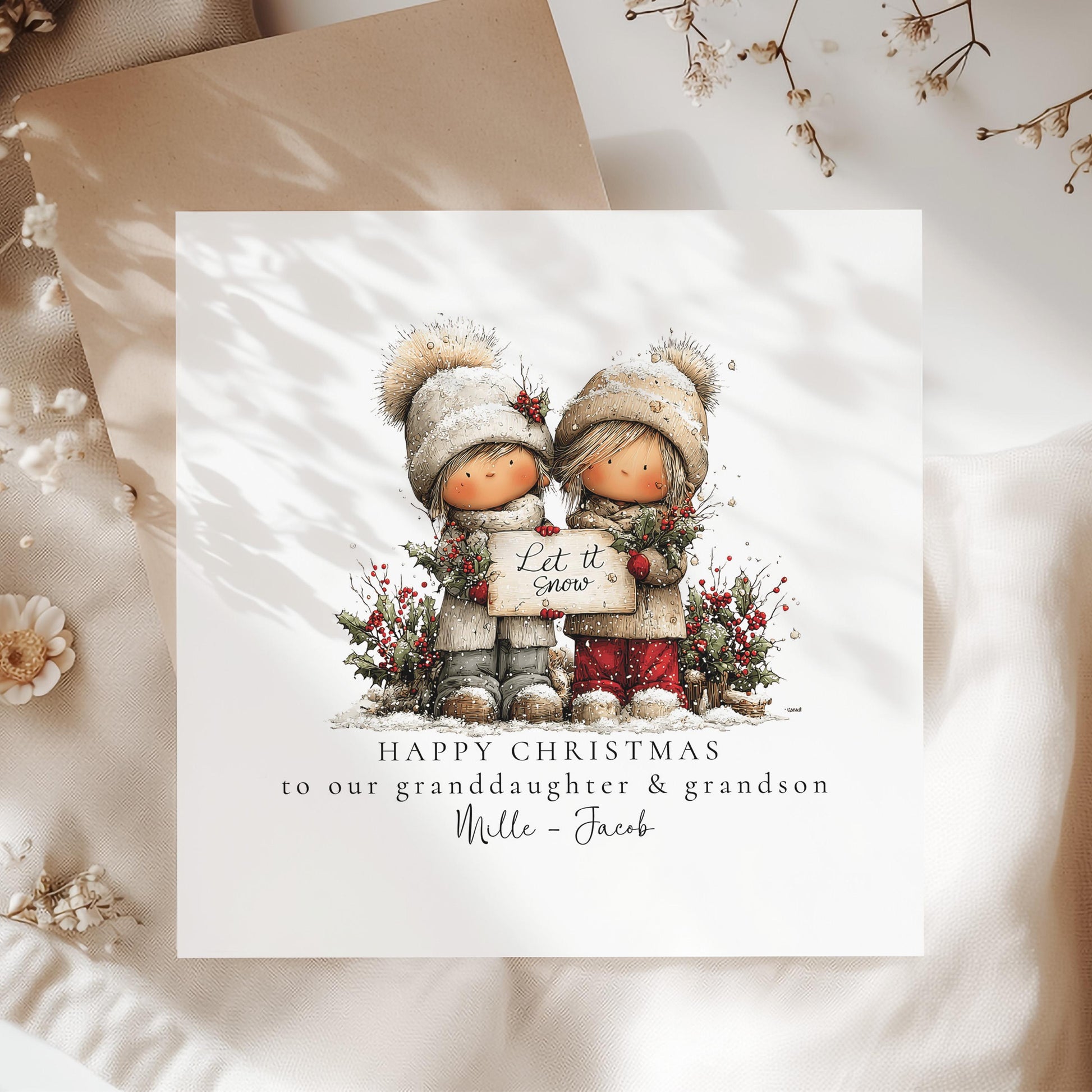 Let It Snow Christmas Card for Granddaughter and Grandson, Cute Winter Design, Personalised Grandkids Xmas Card, Happy Christmas Card