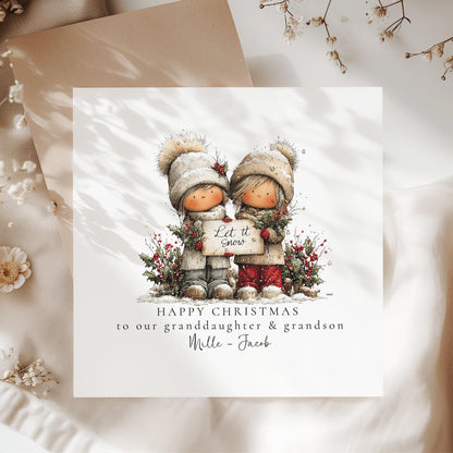 Let It Snow Christmas Card for Granddaughter and Grandson, Cute Winter Design, Personalised Grandkids Xmas Card, Happy Christmas Card