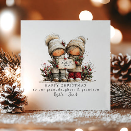 Let It Snow Christmas Card for Granddaughter and Grandson, Cute Winter Design, Personalised Grandkids Xmas Card, Happy Christmas Card