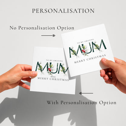 Christmas Card for Mum, Personalised Xmas Card from Daughter or Son, Elegant Floral Mum Card, Custom Christmas Card for Mother