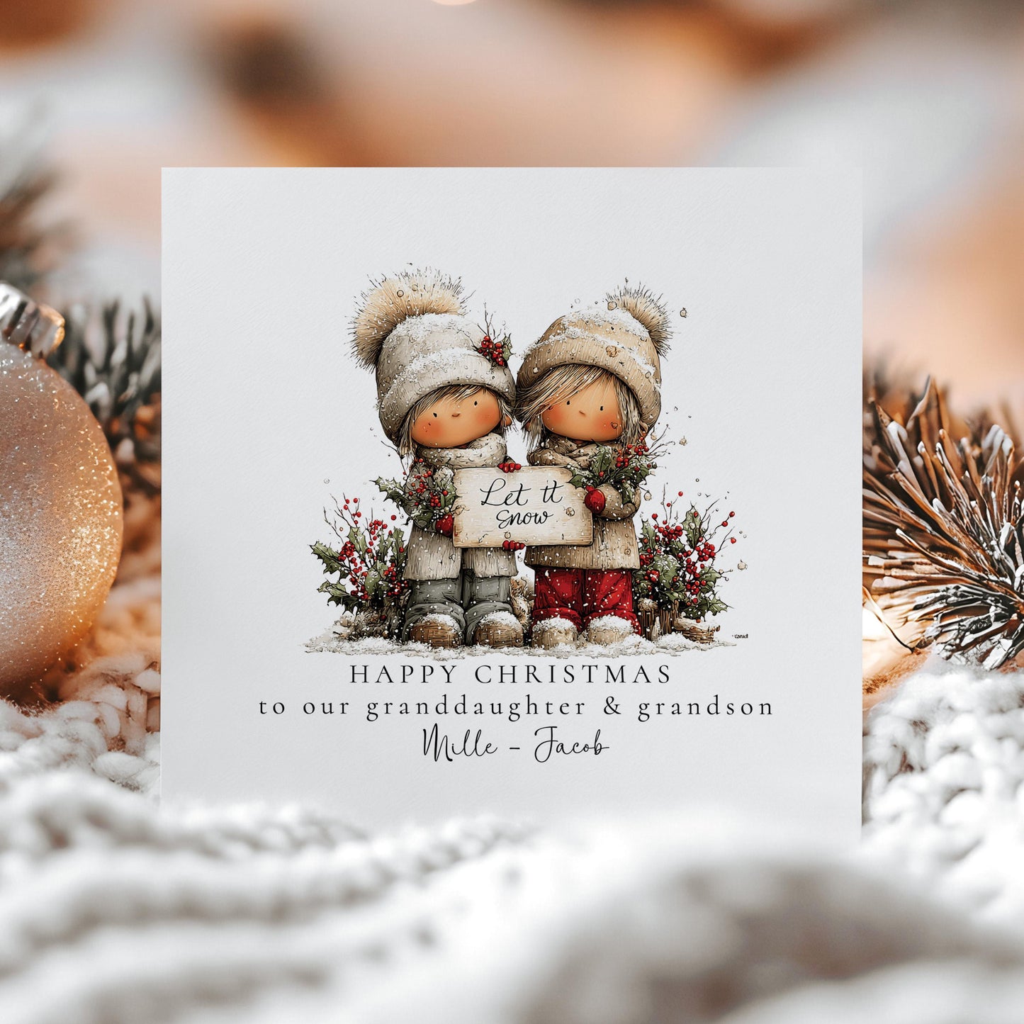 Let It Snow Christmas Card for Granddaughter and Grandson, Cute Winter Design, Personalised Grandkids Xmas Card, Happy Christmas Card