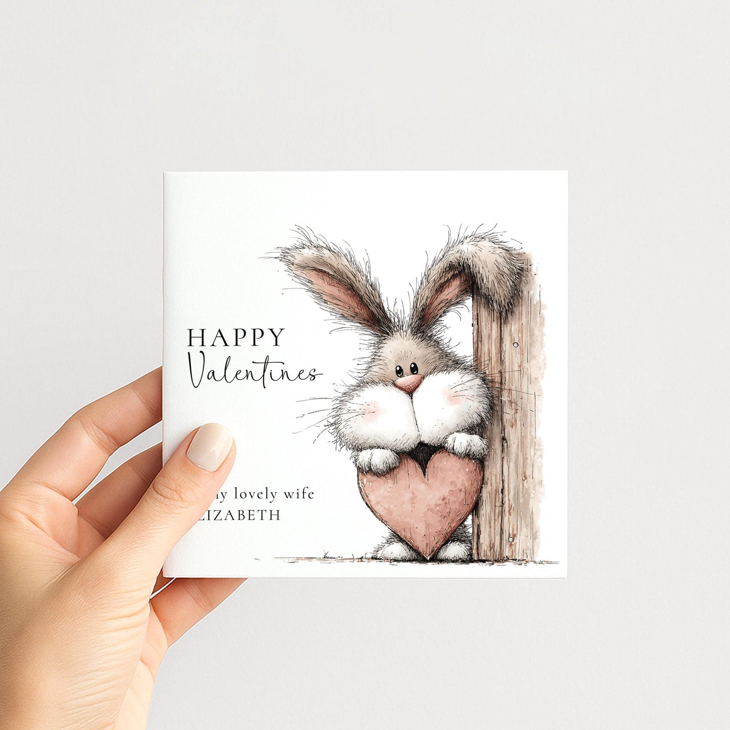 Valentines Card for Wife, Cute Bunny Valentine Card, Personalised Wife Valentine’s Day Card, Bunny Holding Heart, Printed Card