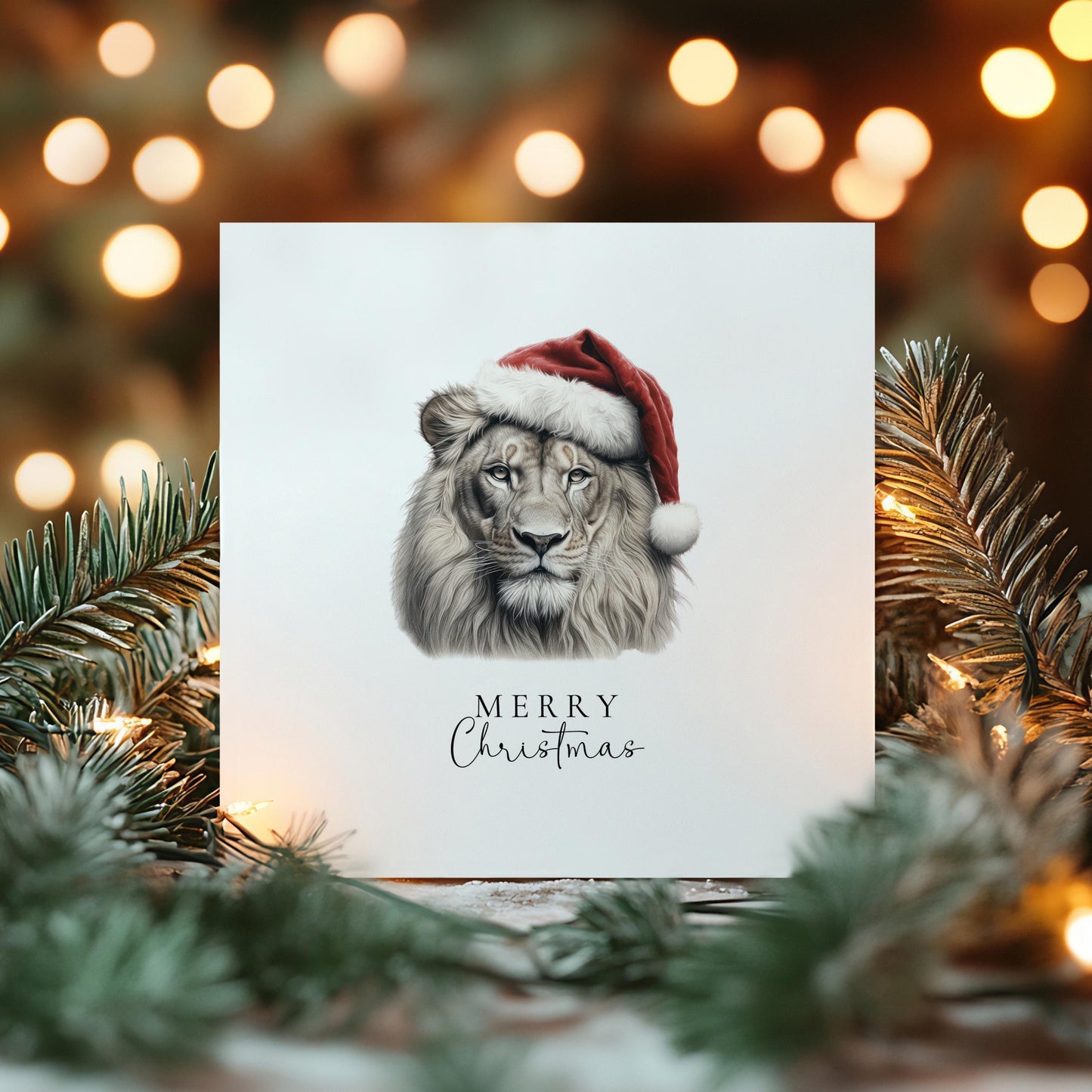 Merry Christmas Lion Card, Wild Animal in Santa Hat, Wildlife Christmas Card, Festive Animal Greeting Card, Unique Nature Christmas Card