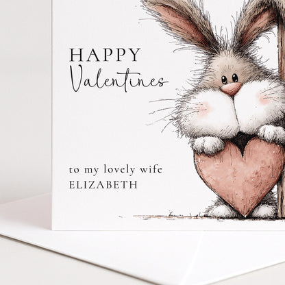 Valentines Card for Wife, Cute Bunny Valentine Card, Personalised Wife Valentine’s Day Card, Bunny Holding Heart, Printed Card
