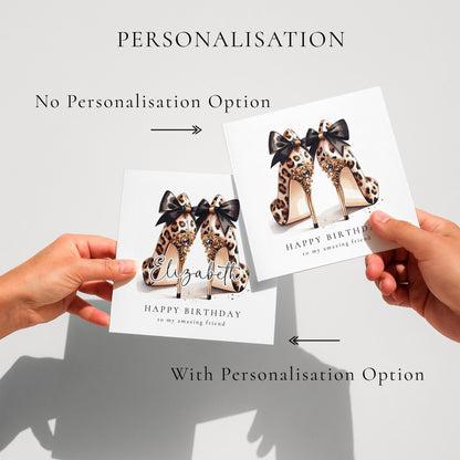 Leopard Print Birthday Card for Friend, Personalised Name Birthday Card, Chic High Heel Shoes Birthday Card