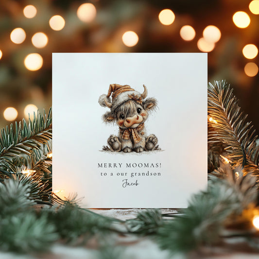 Cute Highland Cow Christmas Card, Merry Moomas Card, Personalised Grandson Christmas Card, Highland Cow Xmas Card