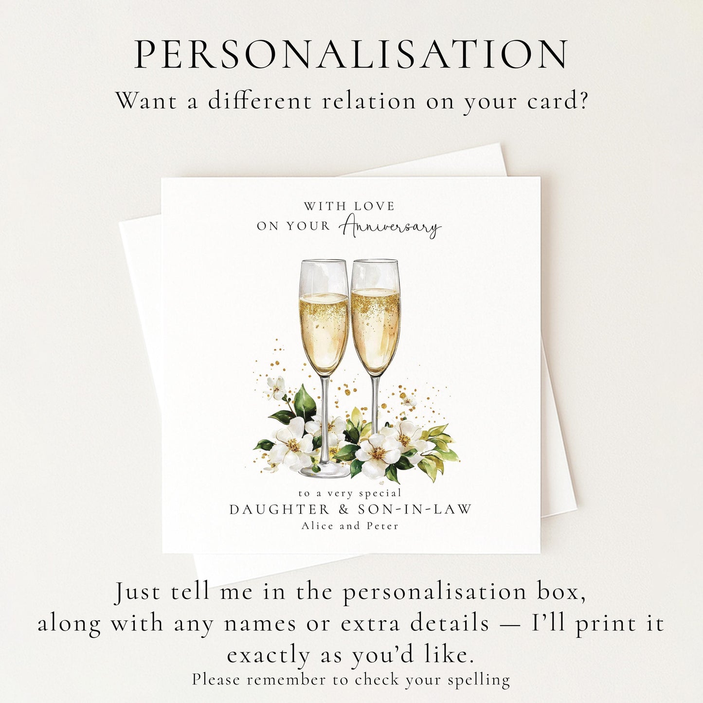 Anniversary Card for Daughter and Son in Law, Personalised Family Anniversary Card, Champagne Glasses Wedding Anniversary Card