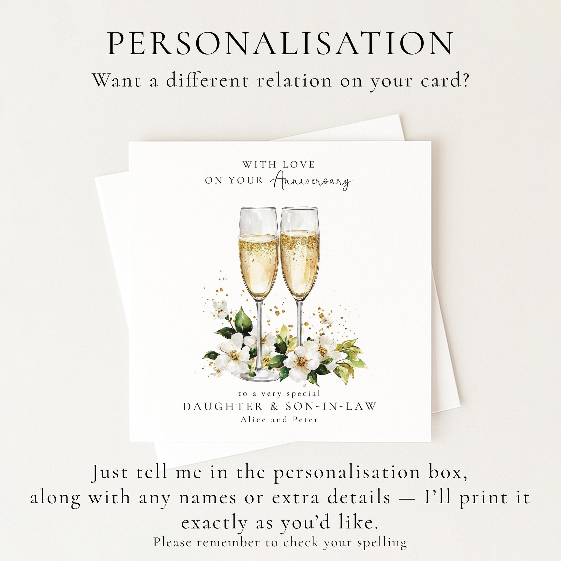 Anniversary Card for Daughter and Son in Law, Personalised Family Anniversary Card, Champagne Glasses Wedding Anniversary Card