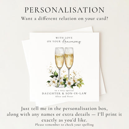 Anniversary Card for Daughter and Son in Law, Personalised Family Anniversary Card, Champagne Glasses Wedding Anniversary Card
