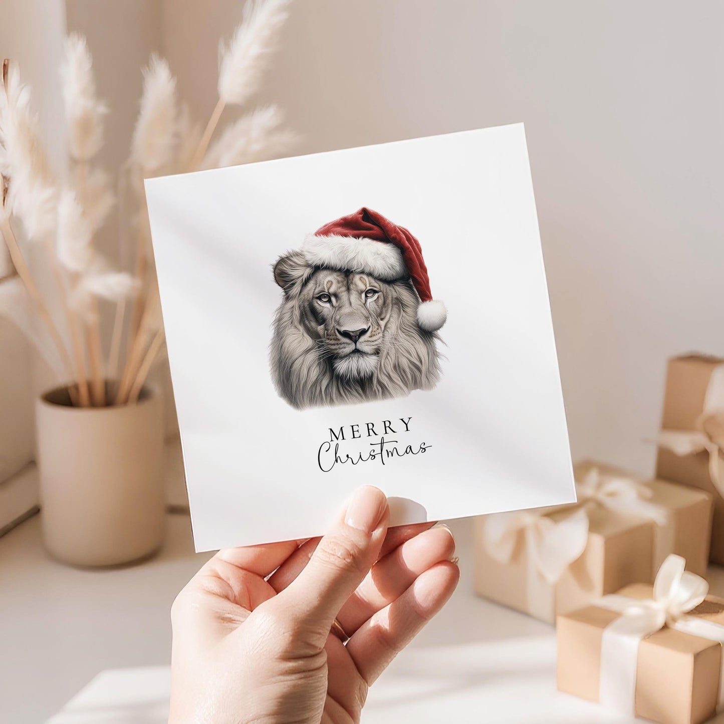 Merry Christmas Lion Card, Wild Animal in Santa Hat, Wildlife Christmas Card, Festive Animal Greeting Card, Unique Nature Christmas Card