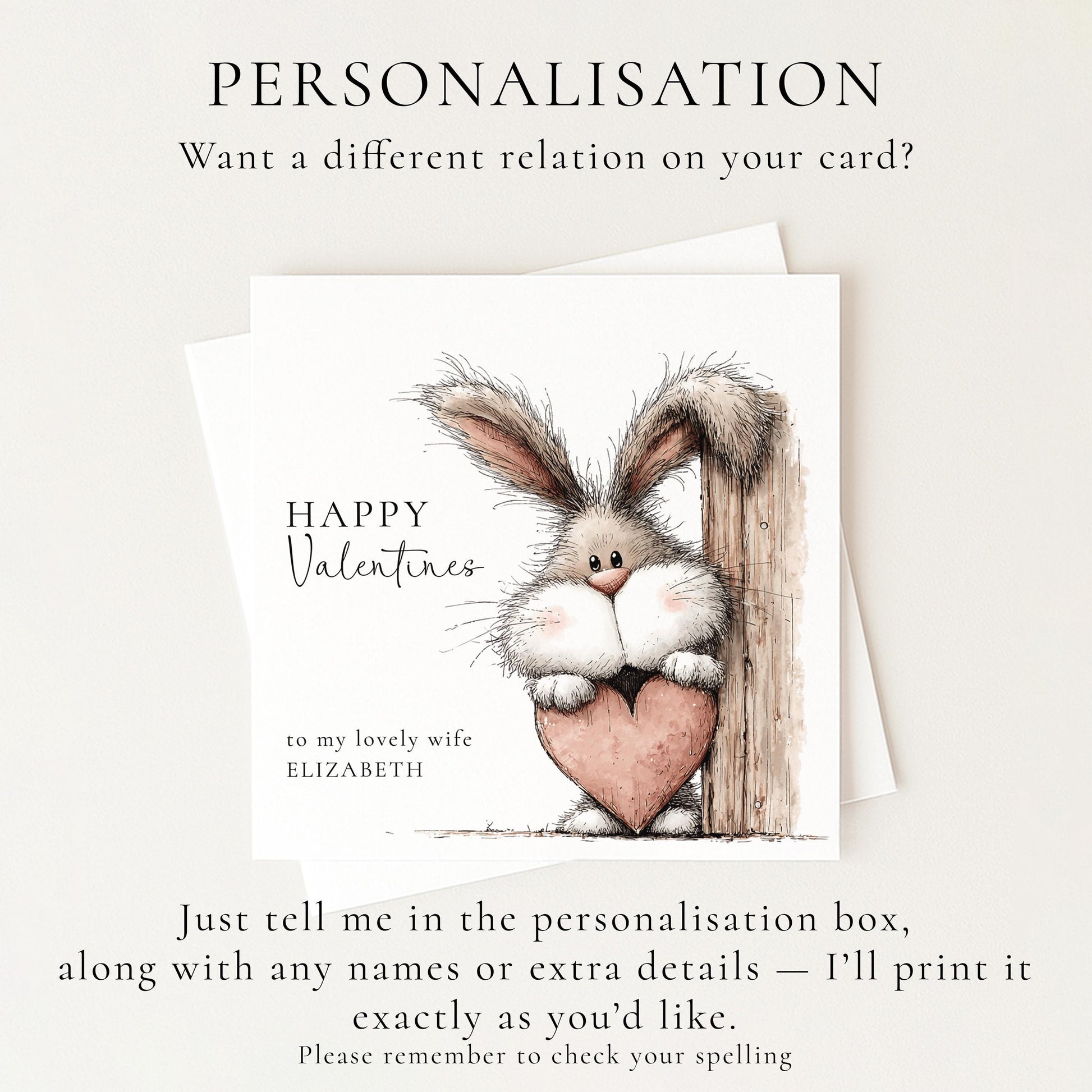 Valentines Card for Wife, Cute Bunny Valentine Card, Personalised Wife Valentine’s Day Card, Bunny Holding Heart, Printed Card