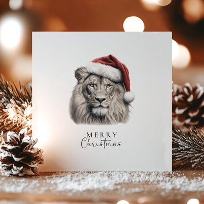 Merry Christmas Lion Card, Wild Animal in Santa Hat, Wildlife Christmas Card, Festive Animal Greeting Card, Unique Nature Christmas Card