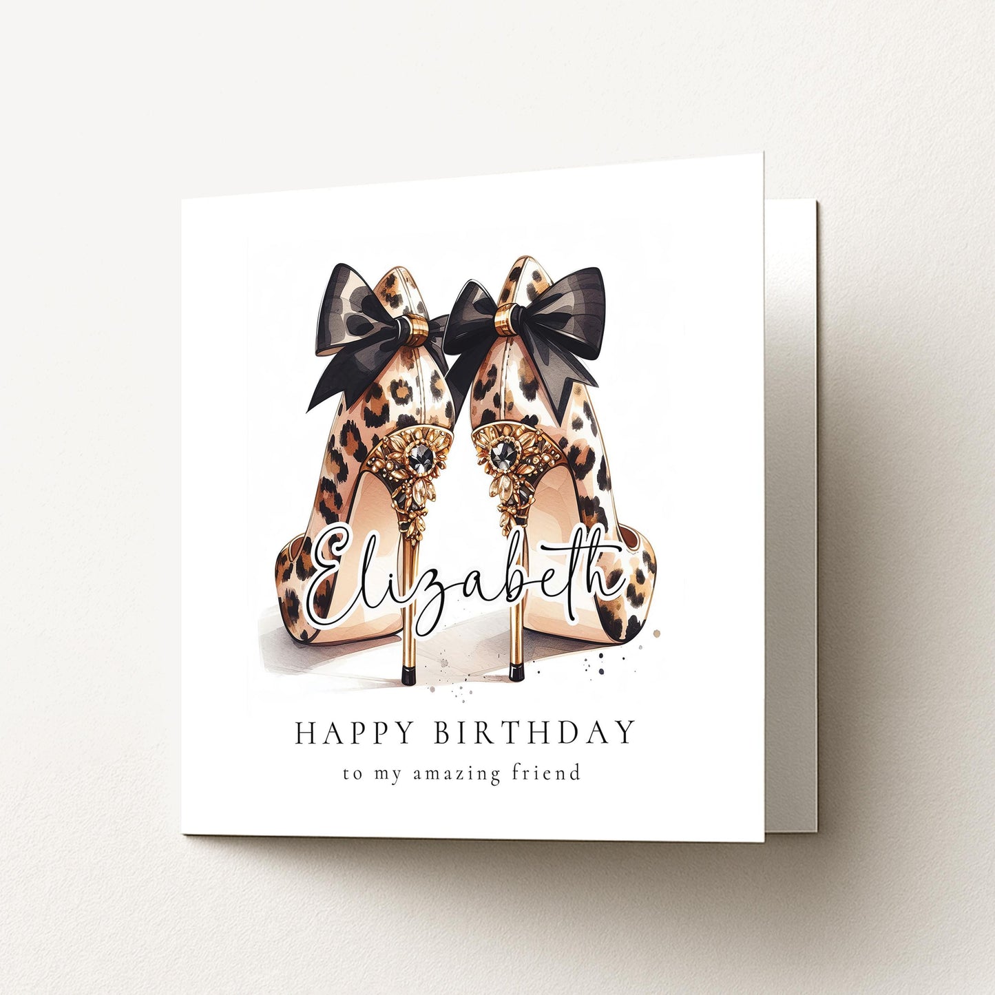 Leopard Print Birthday Card for Friend, Personalised Name Birthday Card, Chic High Heel Shoes Birthday Card