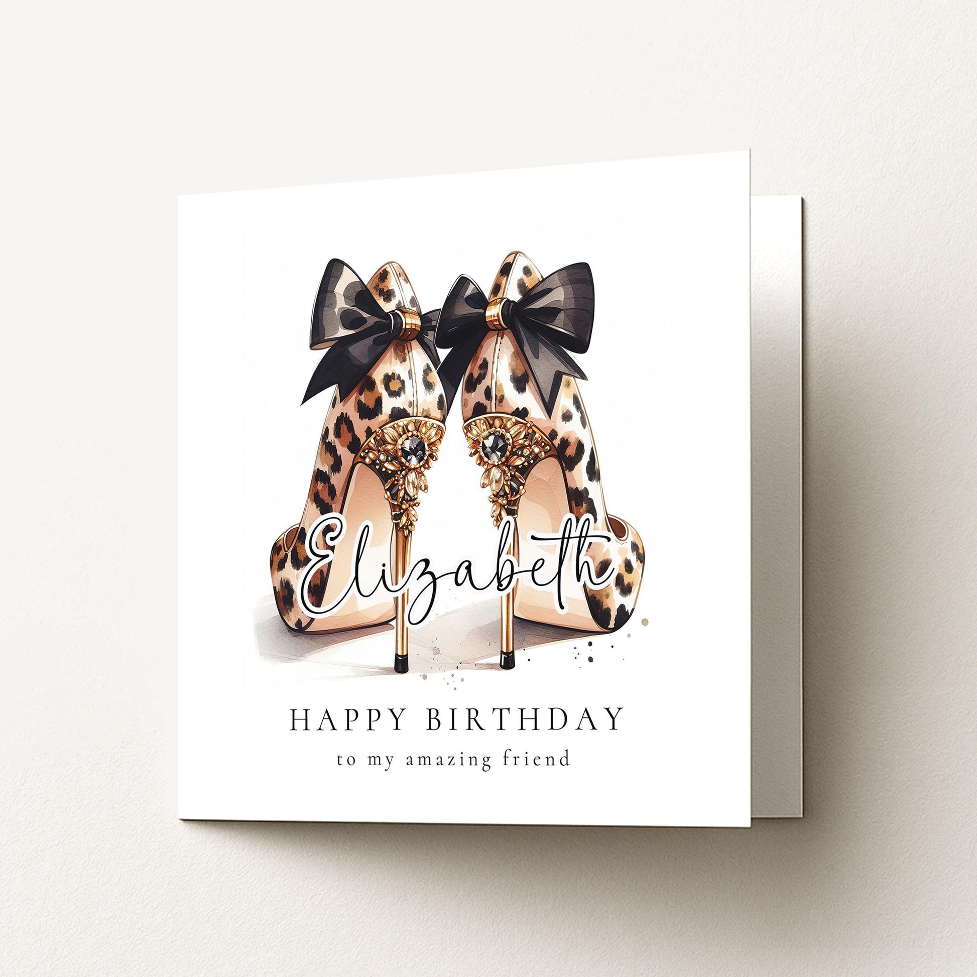 Leopard Print Birthday Card for Friend, Personalised Name Birthday Card, Chic High Heel Shoes Birthday Card