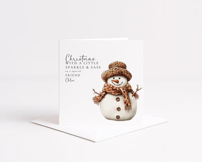 Personalised Leopard Print Snowman Christmas Card, Sparkle & Sass Xmas Card, Custom Name Friend Christmas Card, Funny Festive Card