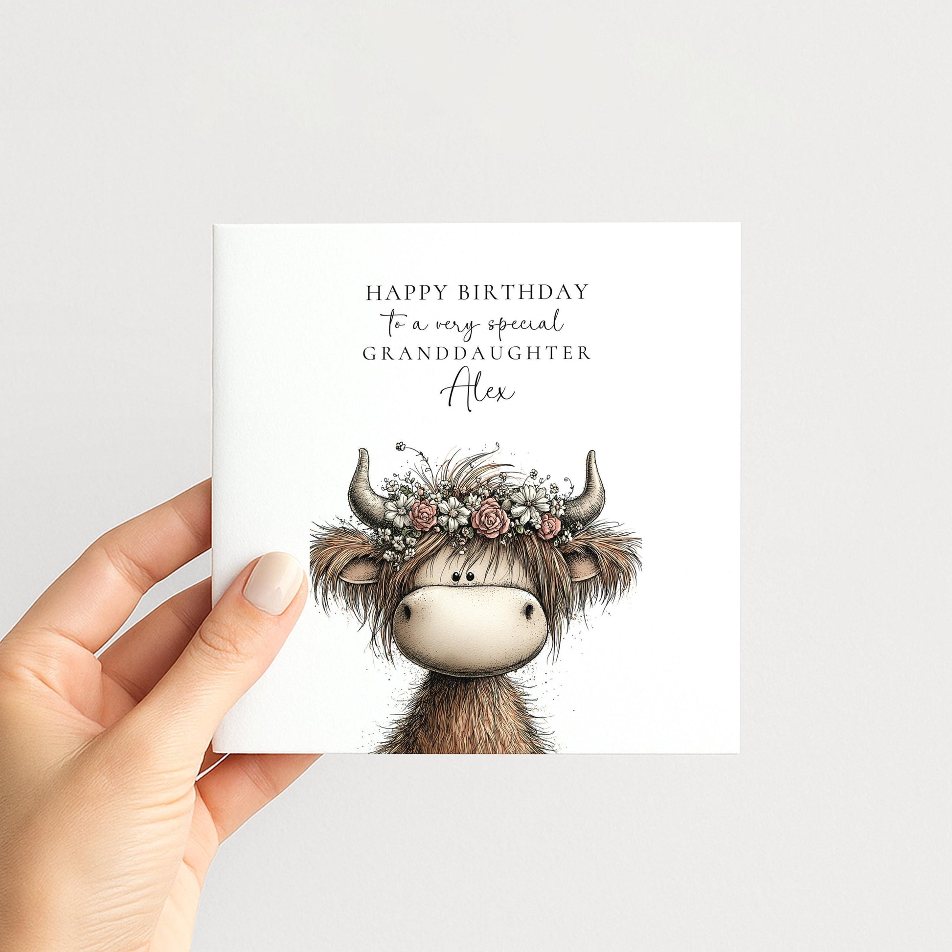 Granddaughter Birthday Card, Cute Highland Cow Card, Personalised Granddaughter Card, Floral Cow Card, Printed Children’s Birthday Card