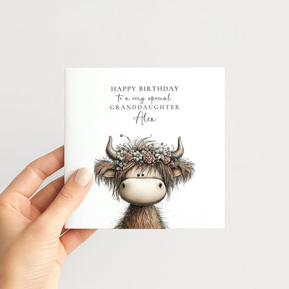Granddaughter Birthday Card, Cute Highland Cow Card, Personalised Granddaughter Card, Floral Cow Card, Printed Children’s Birthday Card