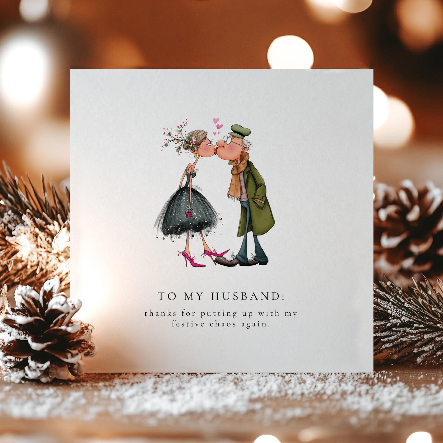 Funny Christmas Card for Husband, Festive Chaos Joke, Cute Couple Illustration, Humorous Xmas Card for Him, Romantic but Funny Husband Card
