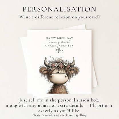 Granddaughter Birthday Card, Cute Highland Cow Card, Personalised Granddaughter Card, Floral Cow Card, Printed Children’s Birthday Card