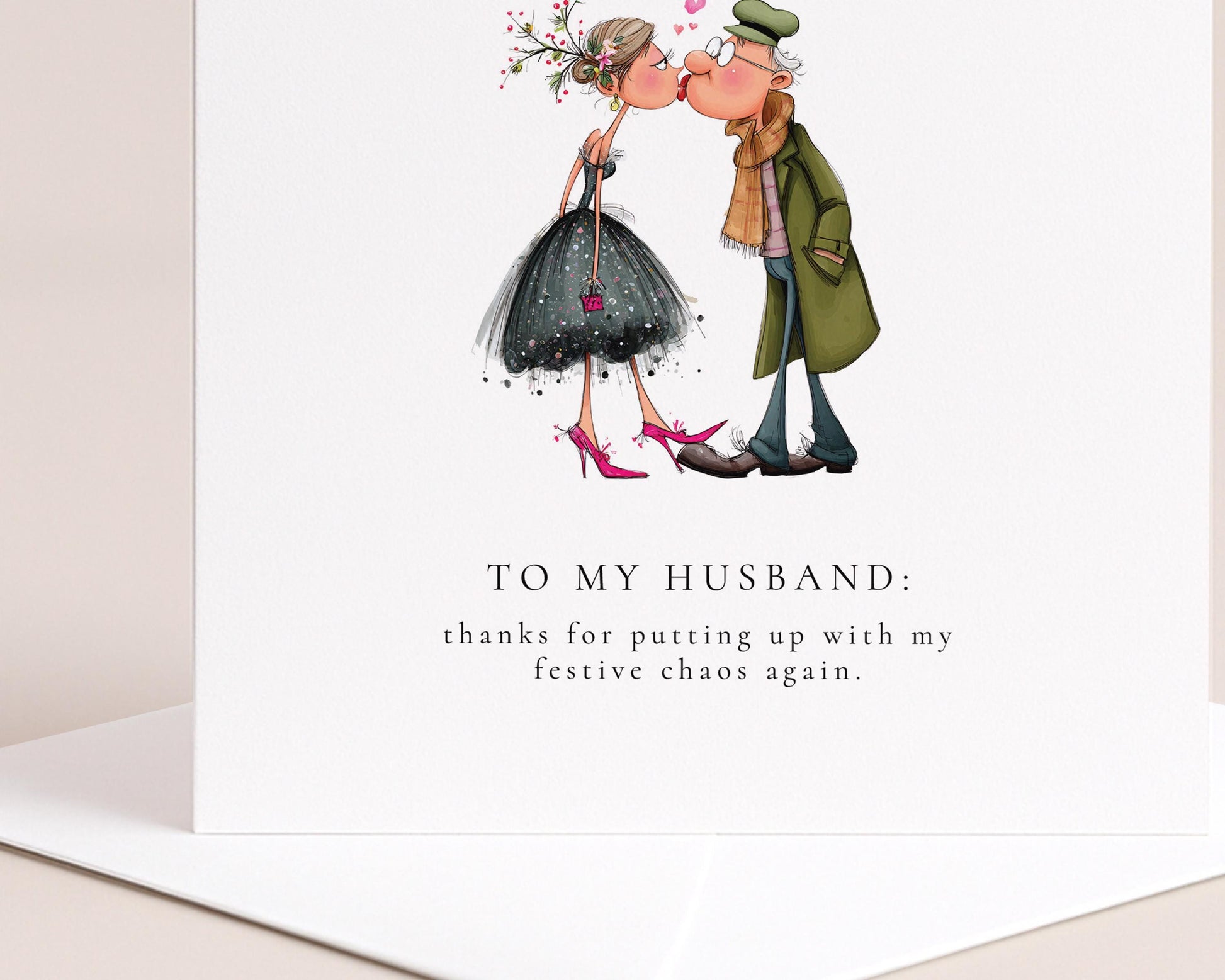 Funny Christmas Card for Husband, Festive Chaos Joke, Cute Couple Illustration, Humorous Xmas Card for Him, Romantic but Funny Husband Card