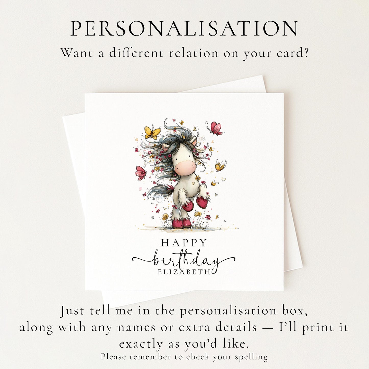 Cute Pony Birthday Card Personalised, Horse Birthday Card for Girls, Butterfly Pony Card, Custom Name Card for Daughter, Granddaughter