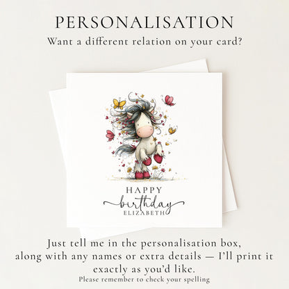 Cute Pony Birthday Card Personalised, Horse Birthday Card for Girls, Butterfly Pony Card, Custom Name Card for Daughter, Granddaughter