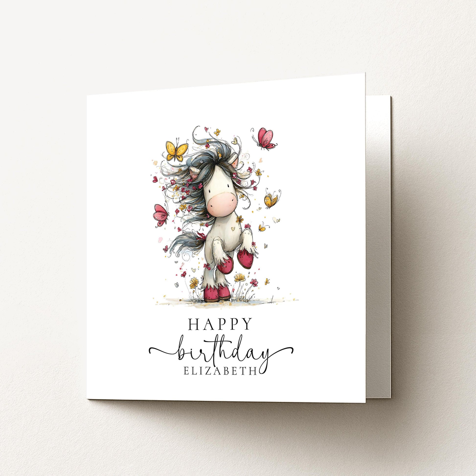 Cute Pony Birthday Card Personalised, Horse Birthday Card for Girls, Butterfly Pony Card, Custom Name Card for Daughter, Granddaughter