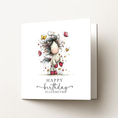 Cute Pony Birthday Card Personalised, Horse Birthday Card for Girls, Butterfly Pony Card, Custom Name Card for Daughter, Granddaughter
