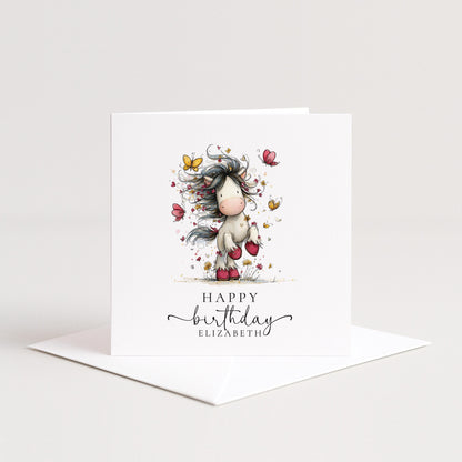 Cute Pony Birthday Card Personalised, Horse Birthday Card for Girls, Butterfly Pony Card, Custom Name Card for Daughter, Granddaughter