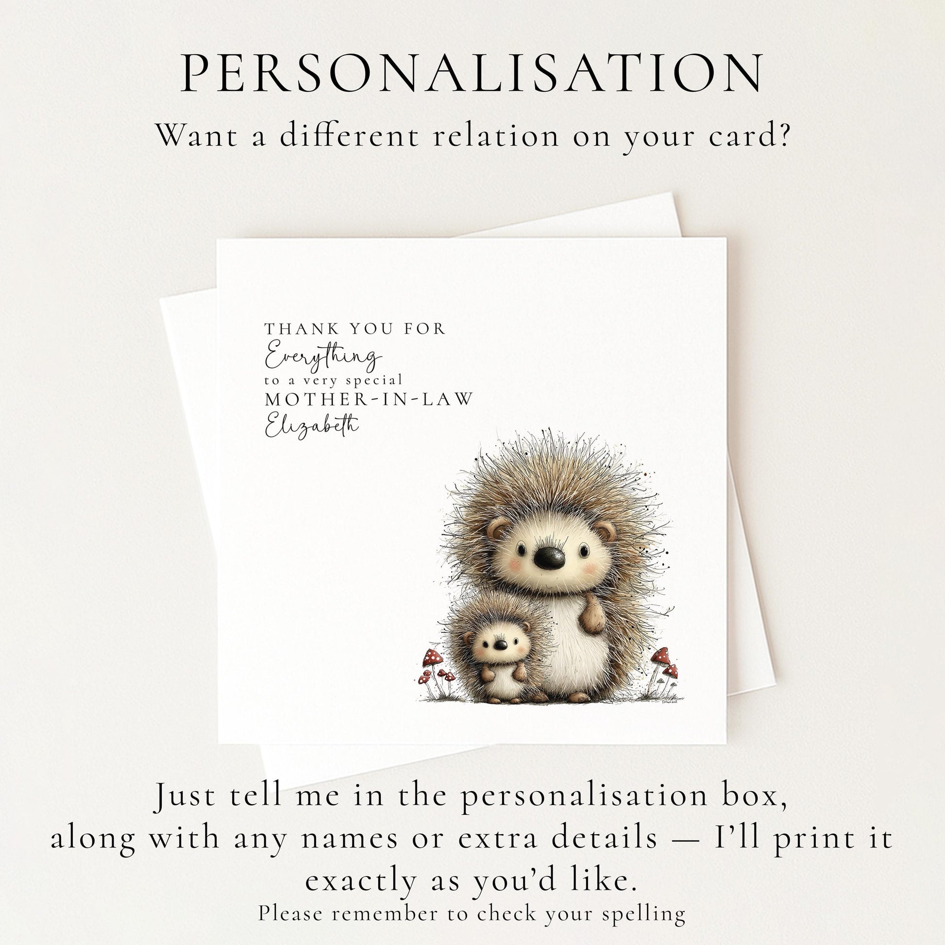 Mother’s Day Card – Personalised Mother-In-Law Card With Hedgehog Illustration