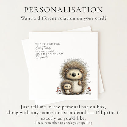 Mother’s Day Card – Personalised Mother-In-Law Card With Hedgehog Illustration