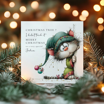 Personalised Funny Cat Christmas Card, Cute Mischief Cat Xmas Card, Custom Name Holiday Card, Cat Lover Christmas Card