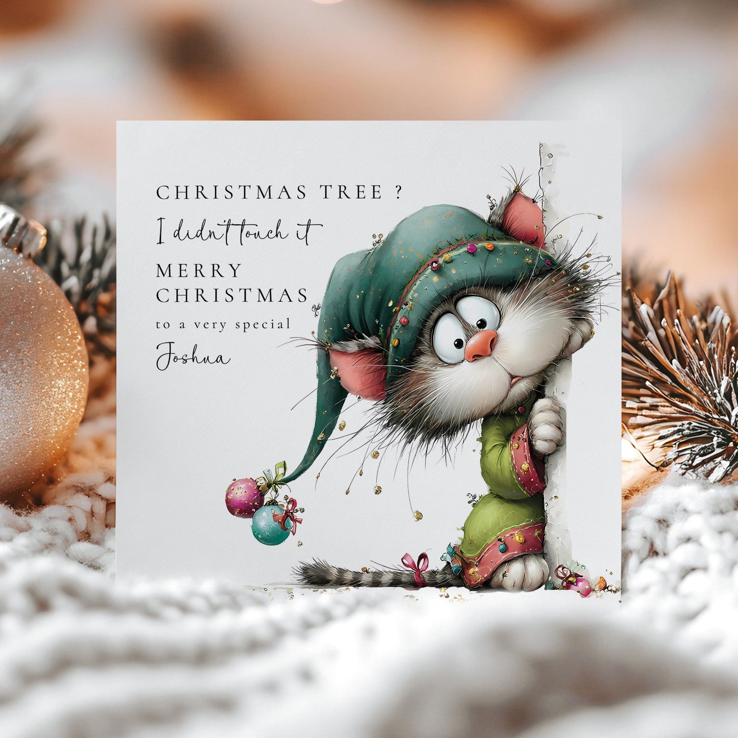 Personalised Funny Cat Christmas Card, Cute Mischief Cat Xmas Card, Custom Name Holiday Card, Cat Lover Christmas Card