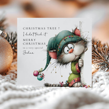 Personalised Funny Cat Christmas Card, Cute Mischief Cat Xmas Card, Custom Name Holiday Card, Cat Lover Christmas Card