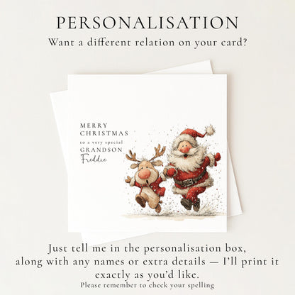 Grandson Christmas Card Personalised, Cute Santa and Reindeer Xmas Card, Special Grandson Christmas Card, Festive Card for Kids UK